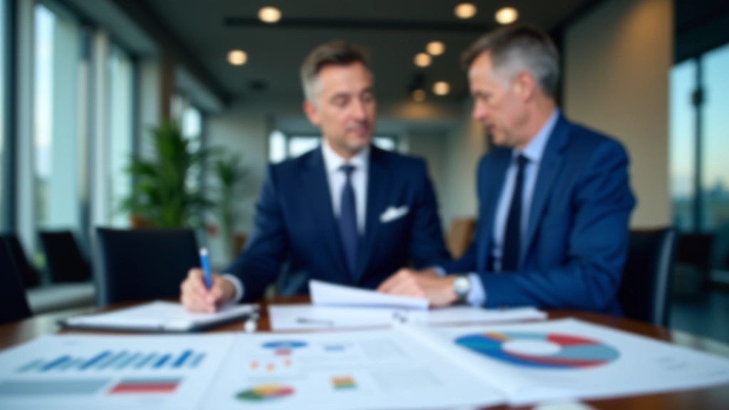 Business professionals in meeting room discussing deal structure with financial charts and documents on the table