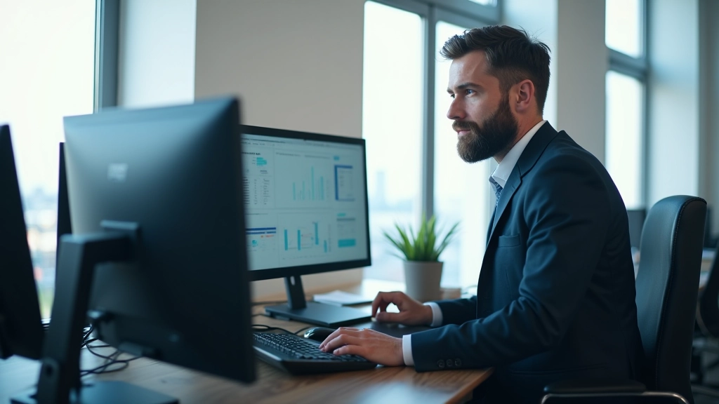 Businessman pointing at financial spreadsheet showing WACC calculation and discount rate methodology on computer monitor